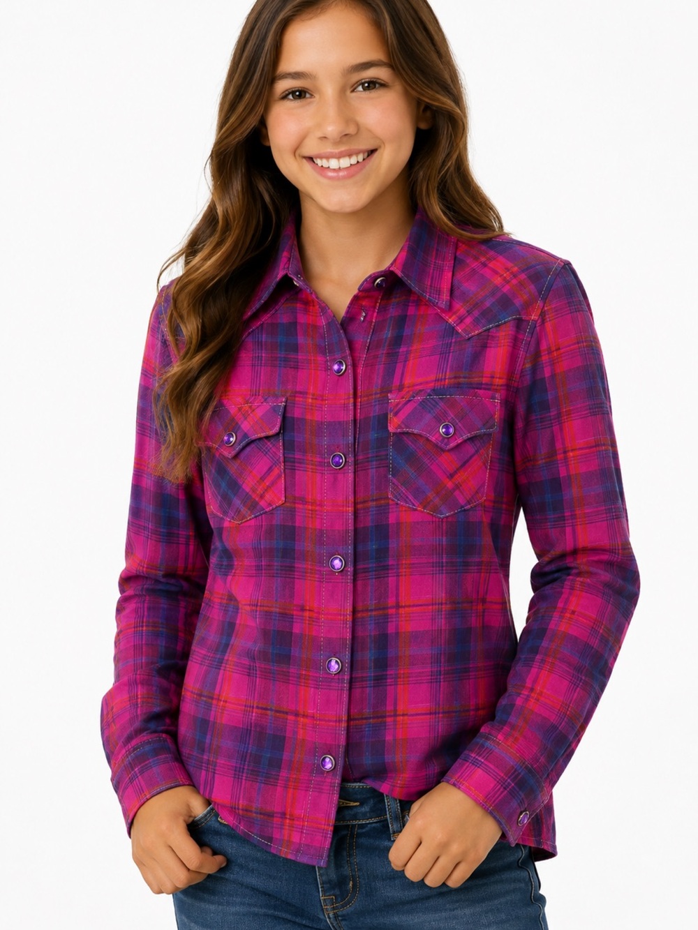Wrangler Girls XL 12 Western Plaid Rhinestone Snap Cowgirl Shirt